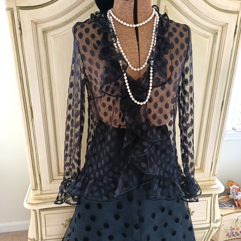 Vintage Black Sheer Polka Dot Ruffled Blouse